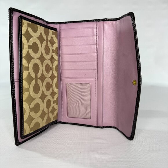 VINTAGE Coach Madison Op Art Checkbook Wallet | Khaki Brown Canvas Patent Leathe - Picture 3 of 14